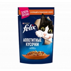Felix  пауч консервы для кошек аппетитные кусочки в желе с курицей и томатами 85 г.
